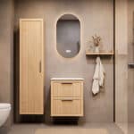 Hangend naturel eiken badkamermeubel 60 cm met ribbelfront, twee lades en solid surface blad met witte waskom