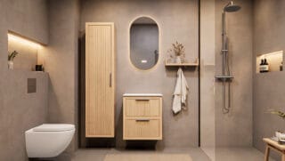 Hangend naturel eiken badkamermeubel 60 cm met ribbelfront, twee lades en solid surface blad met witte waskom