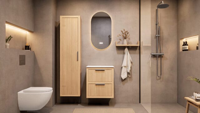 Hangend naturel eiken badkamermeubel 60 cm met ribbelfront, twee lades en solid surface blad met witte waskom