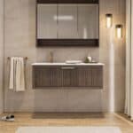 Modern donker eiken badkamermeubel 60 cm met één lade en mat beige mineraalstenen wastafel