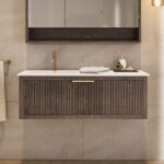Modern donker eiken badkamermeubel 60 cm met één lade en mat beige mineraalstenen wastafel