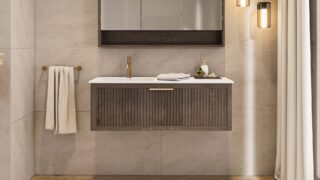 Modern donker eiken badkamermeubel 60 cm met één lade en mat beige mineraalstenen wastafel
