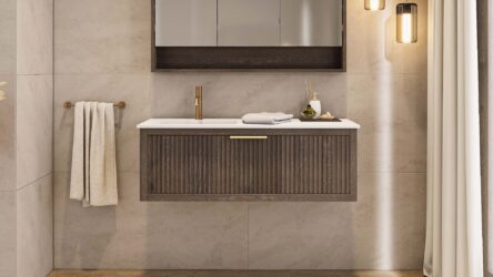 Modern donker eiken badkamermeubel 60 cm met één lade en mat beige mineraalstenen wastafel