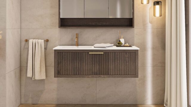 Modern donker eiken badkamermeubel 60 cm met één lade en mat beige mineraalstenen wastafel