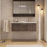 Modern donker eiken badkamermeubel 60 cm met twee lades en mat beige mineraalstenen wastafel