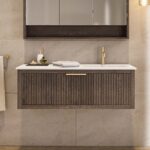 Modern donker eiken badkamermeubel 60 cm met twee lades en mat beige mineraalstenen wastafel
