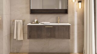 Modern donker eiken badkamermeubel 60 cm met twee lades en mat beige mineraalstenen wastafel