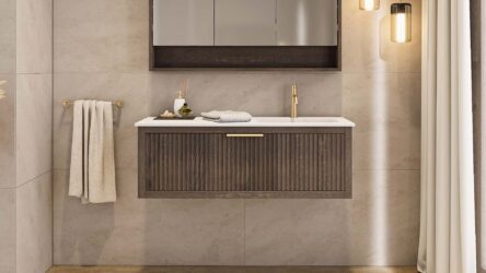Modern donker eiken badkamermeubel 60 cm met twee lades en mat beige mineraalstenen wastafel