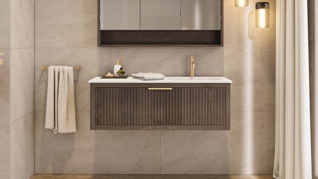 Modern donker eiken badkamermeubel 60 cm met twee lades en mat beige mineraalstenen wastafel