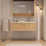 Modern naturel eiken badkamermeubel 60 cm met twee lades en mat beige mineraalstenen wastafel