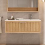 Modern naturel eiken badkamermeubel 60 cm met twee lades en mat beige mineraalstenen wastafel