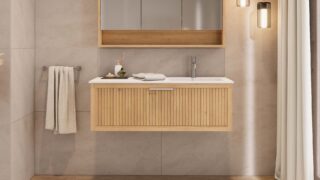 Modern naturel eiken badkamermeubel 60 cm met twee lades en mat beige mineraalstenen wastafel