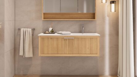 Modern naturel eiken badkamermeubel 60 cm met twee lades en mat beige mineraalstenen wastafel
