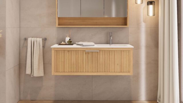 Modern naturel eiken badkamermeubel 60 cm met twee lades en mat beige mineraalstenen wastafel