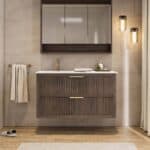 Modern donker eiken badkamermeubel 70 cm met één lade en mat beige mineraalstenen wastafel