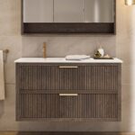 Modern donker eiken badkamermeubel 70 cm met één lade en mat beige mineraalstenen wastafel