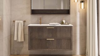 Modern donker eiken badkamermeubel 70 cm met één lade en mat beige mineraalstenen wastafel