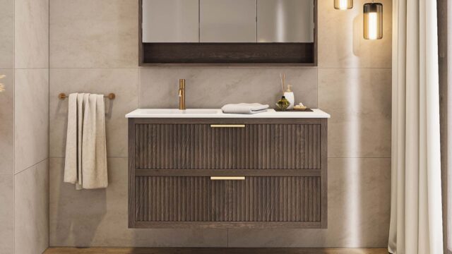 Modern donker eiken badkamermeubel 70 cm met één lade en mat beige mineraalstenen wastafel