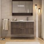 Modern donker eiken badkamermeubel 70 cm met twee lades en mat beige mineraalstenen wastafel