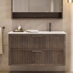 Modern donker eiken badkamermeubel 70 cm met twee lades en mat beige mineraalstenen wastafel