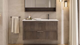Modern donker eiken badkamermeubel 70 cm met twee lades en mat beige mineraalstenen wastafel