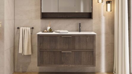 Modern donker eiken badkamermeubel 70 cm met twee lades en mat beige mineraalstenen wastafel