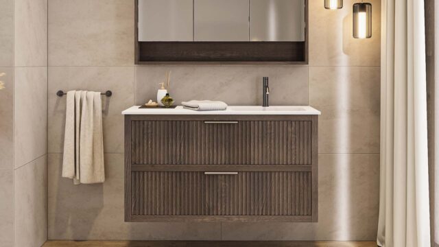 Modern donker eiken badkamermeubel 70 cm met twee lades en mat beige mineraalstenen wastafel