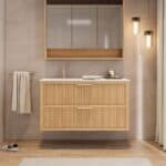 Modern naturel eiken badkamermeubel 70 cm met één lade en mat beige mineraalstenen wastafel