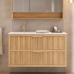 Modern naturel eiken badkamermeubel 70 cm met één lade en mat beige mineraalstenen wastafel