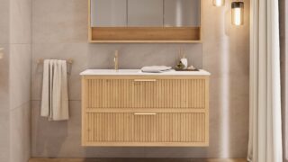 Modern naturel eiken badkamermeubel 70 cm met één lade en mat beige mineraalstenen wastafel