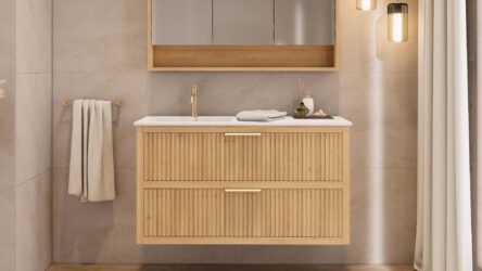 Modern naturel eiken badkamermeubel 70 cm met één lade en mat beige mineraalstenen wastafel