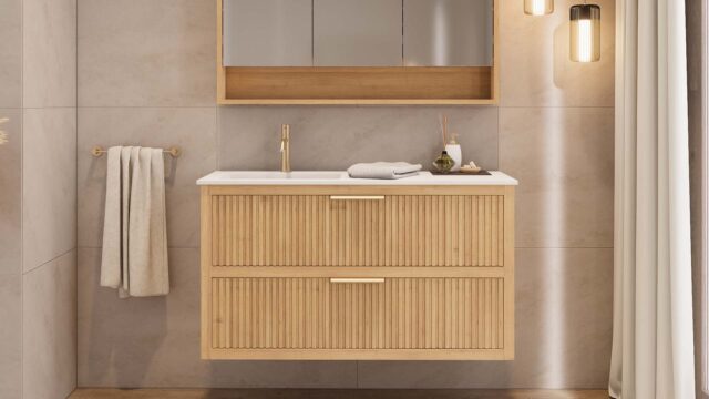 Modern naturel eiken badkamermeubel 70 cm met één lade en mat beige mineraalstenen wastafel