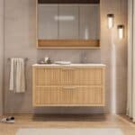Modern naturel eiken badkamermeubel 70 cm met twee lades en mat beige mineraalstenen wastafel