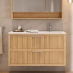 Modern naturel eiken badkamermeubel 70 cm met twee lades en mat beige mineraalstenen wastafel