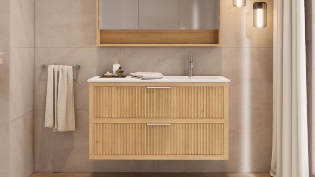 Modern naturel eiken badkamermeubel 70 cm met twee lades en mat beige mineraalstenen wastafel
