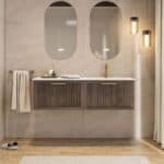 Modern donker eiken badkamermeubel 80 cm met twee lades en mat beige mineraalstenen wastafel