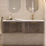 Modern donker eiken badkamermeubel 80 cm met twee lades en mat beige mineraalstenen wastafel