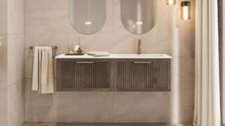 Modern donker eiken badkamermeubel 80 cm met twee lades en mat beige mineraalstenen wastafel