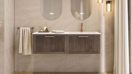 Modern donker eiken badkamermeubel 80 cm met twee lades en mat beige mineraalstenen wastafel