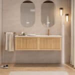 Modern naturel eiken badkamermeubel 80 cm met twee lades en mat beige mineraalstenen wastafel