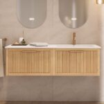 Modern naturel eiken badkamermeubel 80 cm met twee lades en mat beige mineraalstenen wastafel