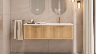 Modern naturel eiken badkamermeubel 80 cm met twee lades en mat beige mineraalstenen wastafel
