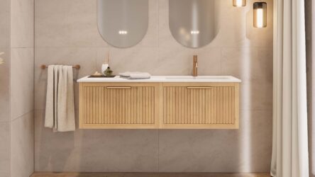 Modern naturel eiken badkamermeubel 80 cm met twee lades en mat beige mineraalstenen wastafel