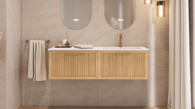 Modern naturel eiken badkamermeubel 80 cm met twee lades en mat beige mineraalstenen wastafel