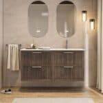 Modern donker eiken badkamermeubel 100 cm met twee lades en mat beige mineraalstenen wastafel