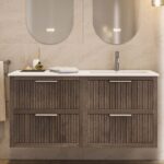Modern donker eiken badkamermeubel 100 cm met twee lades en mat beige mineraalstenen wastafel