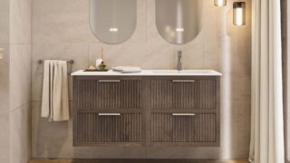 Modern donker eiken badkamermeubel 100 cm met twee lades en mat beige mineraalstenen wastafel