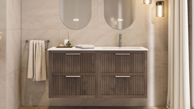 Modern donker eiken badkamermeubel 100 cm met twee lades en mat beige mineraalstenen wastafel