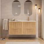 Modern naturel eiken badkamermeubel 100 cm met twee lades en mat beige mineraalstenen wastafel