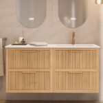 Modern naturel eiken badkamermeubel 100 cm met twee lades en mat beige mineraalstenen wastafel